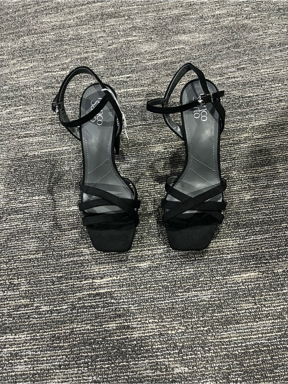 Franco Sarto Black Strappy Square‑Toe Ankle‑Buckle Heels